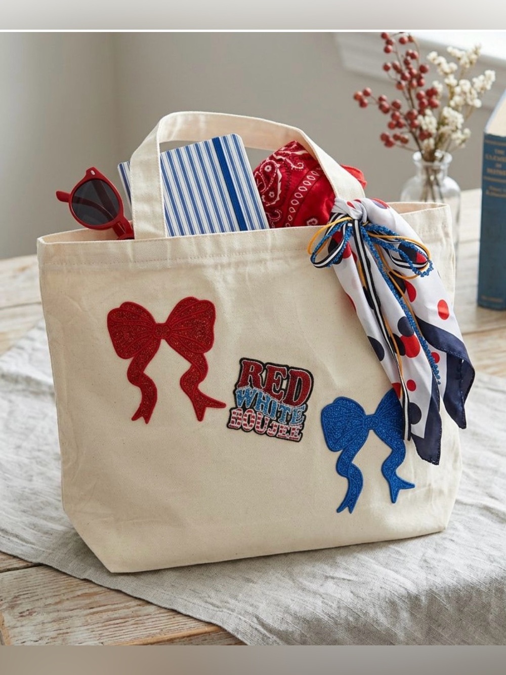 Large “4th of July” Tote Bag with Ribbon & Silk Scarf Accent and Zipper Closure
